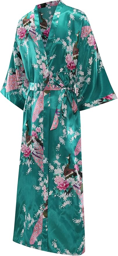 Women's Floral Long Satin Robes Plus Size Long Silk Robes Peacock Floral Kimonos Sleepwear Dressing Gown