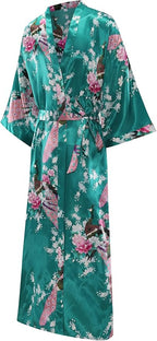 Women's Floral Long Satin Robes Plus Size Long Silk Robes Peacock Floral Kimonos Sleepwear Dressing Gown