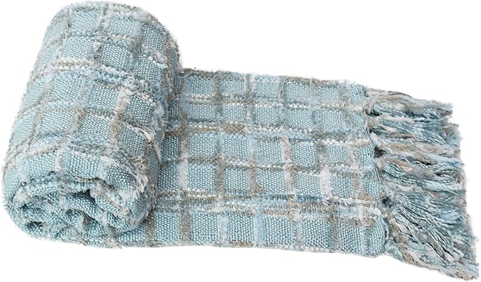 Multicolored Chenille Knitted Throw Soft Cozy Fluffy Reversible Boho Plaid Throw Blanket with Tassels for Couch Chair Bed Cover Living Room Bedroom Décor, 50" x 60", Light Blue
