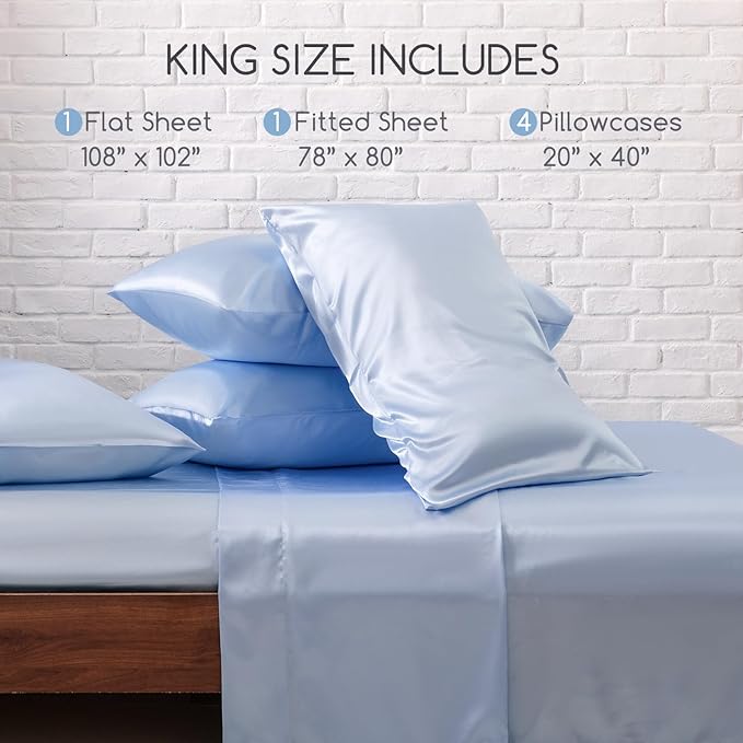 MR&HM Satin Bed Sheets, King Size Sheets Set, 6 Pcs Silky Bedding Set with 15 Inches Deep Pocket for Mattress (King, Light Blue)