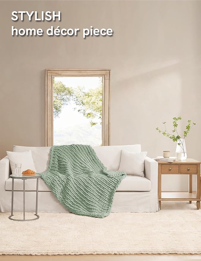 YnM Chunky Throw Blanket, Medium-Weight, Hand Knitted with Chenille Yarn, Skin Friendly, Ventilated and Breathable, Machine Washable, Home Décor Piece for Couch, Sofa and Bed (Sage Green, 80x87 Inch)