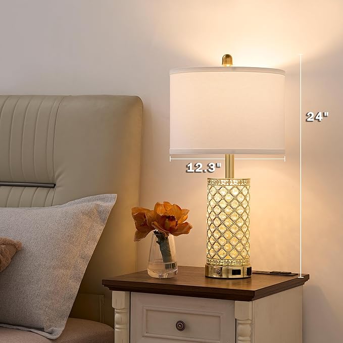 SAIWEYA Crystal Table Lamps Modern 3-Way Dimmable Bedside Lamp with 2 USB Ports & AC Outlets for Living Room Bedroom Nightstand Lamp Night Light (Gold- 1 Pack 24In)