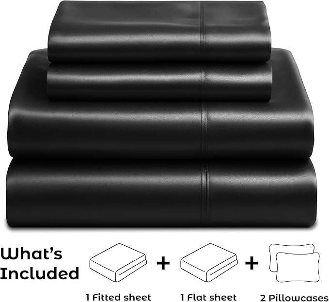 Pure Bedding Satin Sheets King [4-Piece, Black] Hotel Luxury Silky Bed Sheets - Extra Soft 1800 Microfiber Sheet Set, Wrinkle, Fade, Deep Pocket Fitted Sheet, Flat Sheet, Pillow Cases