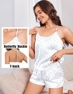 Ekouaer Silk Satin Pajamas Set for Women T-back Lingerie Pjs Cami Top and Shorts Sleepwear Gift for Honeymoon Party
