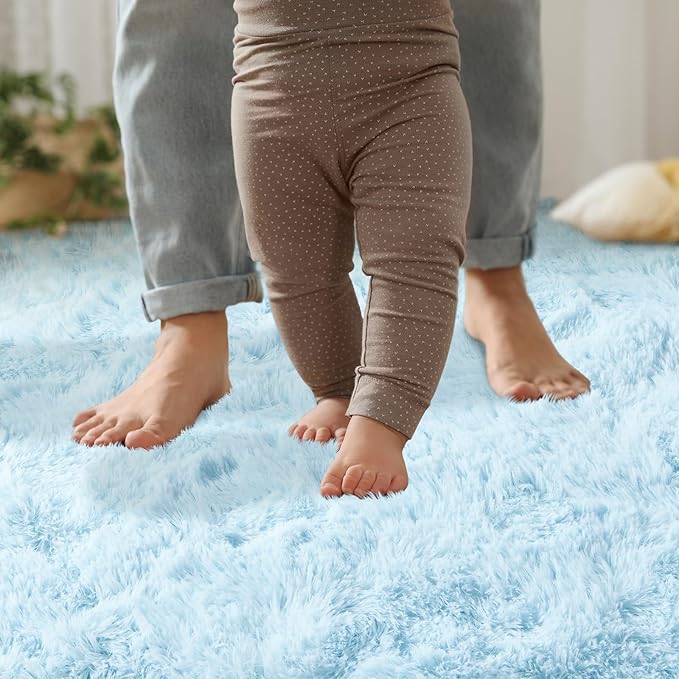 YJ.GWL Area Rugs for Living Room Bedroom, 5x8 Machine Washable Large Light Blue Carpet, Soft Fluffy Shaggy Thick Big Shag Indoor Floor Rug for Kids Boy and Girls Room Dorm Home Decor Aesthetic