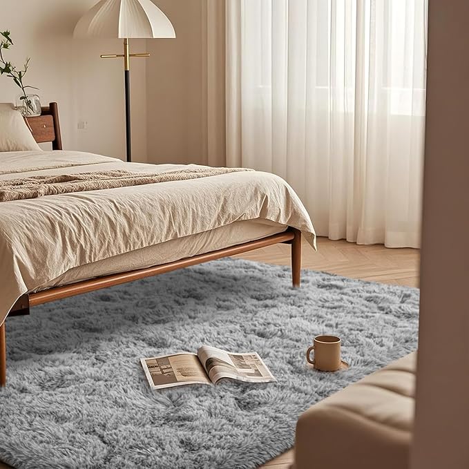 Grey Rugs for Bedroom 8x10 Feet Large - Ultra Soft Faux Fur Area Rug - Plush Non-Slip Shaggy Carpet for Living Room, Cozy Fluffy Rug for Kids Boys Girls Dorm Nursery Room, High Pile Floor Carpet