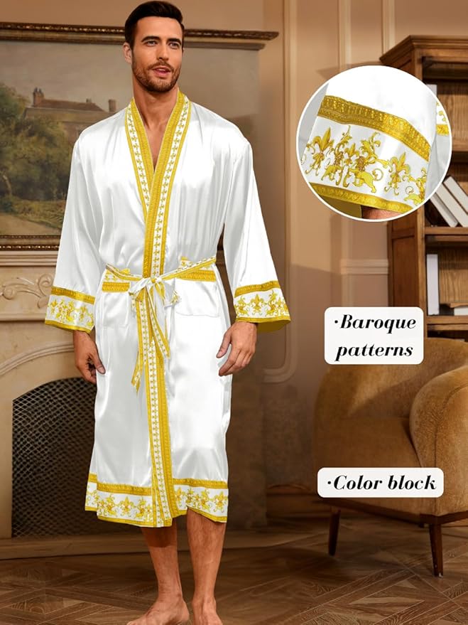 ChiaoLezhee Men's Luxury Silky Robe & Shorts Set, 2PC Lightweight Satin Pajamas with Pockets, Opulent Baroque Kimono Gifts