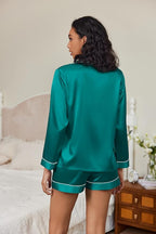 Ekouaer Satin Pajama Set for Women Button Down Pj Set Long Sleeve Top and Shorts 2 Piece Loungewear Summer Soft Sleepwear