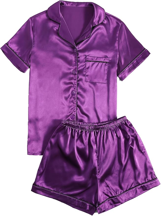 LYANER Women's Silky Satin Pajamas Set Short Sleeve Button Down Shirt With Shorts Pjs Set Sleepwear