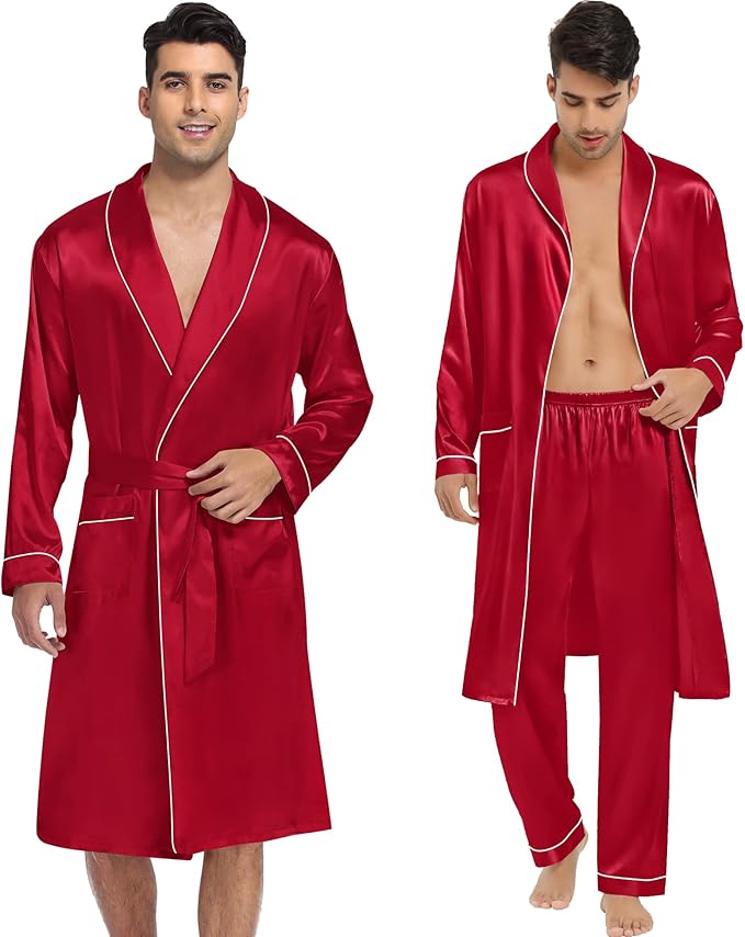 SWOMOG Men's Satin Robe 3 Pcs Silky Kimono Bathrobe Set Lightweight Soft Loungewear Nightwear