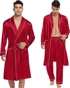 SWOMOG Men's Satin Robe 3 Pcs Silky Kimono Bathrobe Set Lightweight Soft Loungewear Nightwear