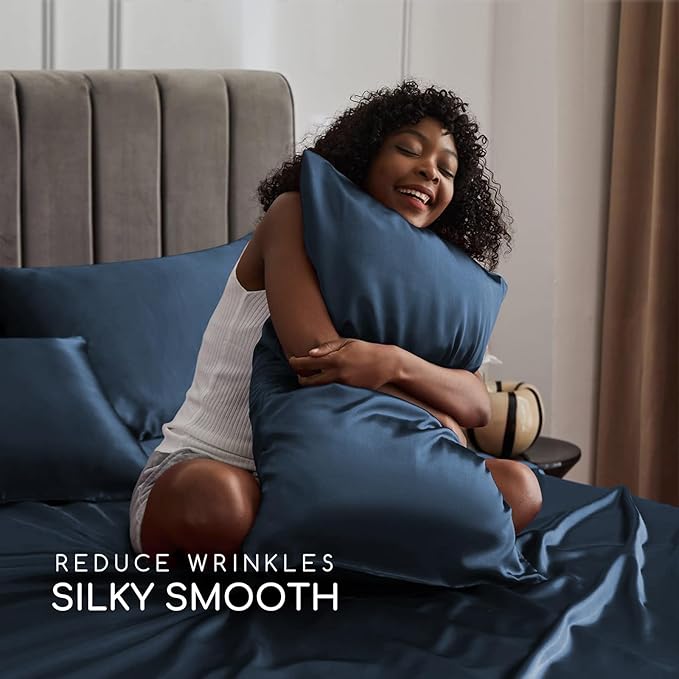 MR&HM Satin Bed Sheets with Elastic Corner Straps, Queen Size Sheets Set, 4 Pcs Silky Bedding Set with 15 Inches Deep Pocket for Mattress (Queen, Mood Indigo)