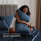 MR&HM Satin Bed Sheets with Elastic Corner Straps, Queen Size Sheets Set, 4 Pcs Silky Bedding Set with 15 Inches Deep Pocket for Mattress (Queen, Mood Indigo)