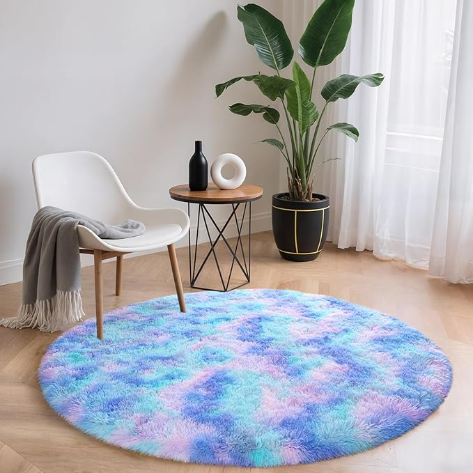 Blivonta Rainbow Round Rug for Bedroom, 4Ft Fluffy Circle Area Rugs for Living Room, Shag Fuzzy Carpet for Kids Room, Nursery, Dorm, Classroom, Teen, Cute Baby Play Mat Home Decor Aesthetic, Blue
