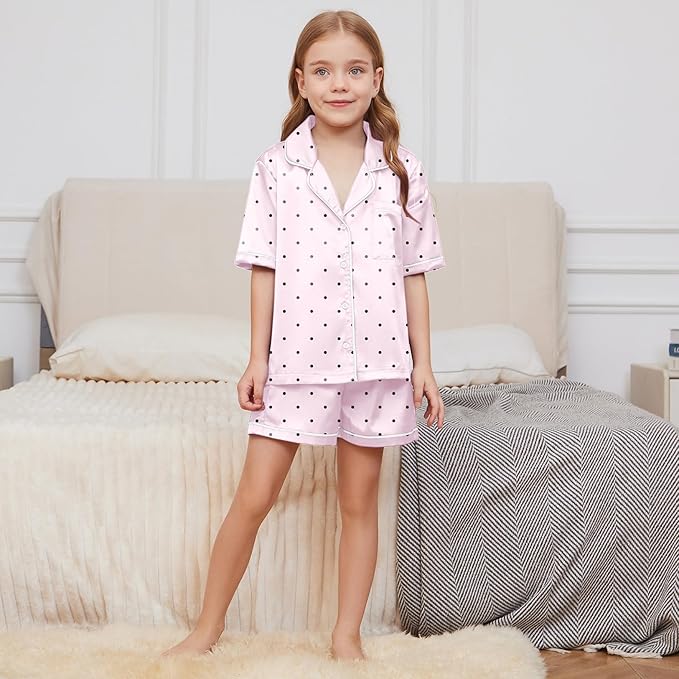 QPANCY Kids Satin Pajamas Sets Baby Boy Girl Button-Down Silk Sleepwear 2 Piece Short Sleeve Loungewear Clothes Set