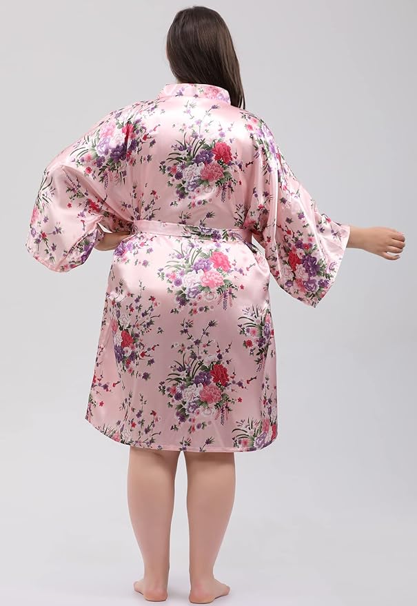 QXQTER Peony Floral Silky Satin Robe Wedding Bridal Party Bride Bridesmaid Robes for Women Dressing Gown Kimono Robe