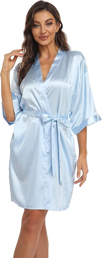 Women's Pure Short Kimono Robes Bride Bridesmaids Silky Bathrobe Lightweight Satin Sleepwear
