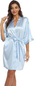 Women's Pure Short Kimono Robes Bride Bridesmaids Silky Bathrobe Lightweight Satin Sleepwear