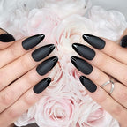 Hypnaughty 24 Pcs Caviar Almond Black Matte Press On Nails with Glossy Black French Tip and Glue Medium Long Pointed Oval False Nails (Caviar)