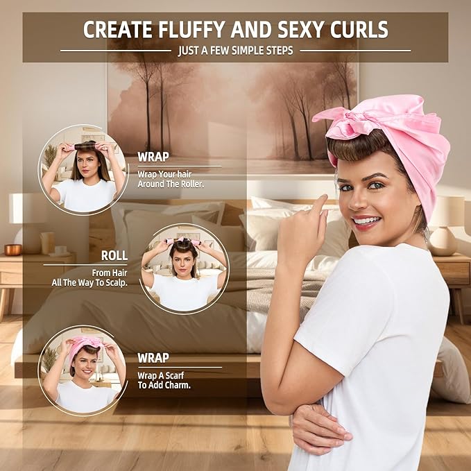 Heatless Curls Overnight Rods Jumbo Set, Heatless Hair Curler Velvet Satin Jumbo Flexi Rods to Sleep in, No Heat Overnight Sleeping Blowout Curls Wave Styling Tools with Silk Scarf 4pcs Pink
