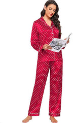 SWOMOG Womens Silk Satin Pajamas Set Long Sleeve Button Down Sleepwear 2 Piece Lounge Set Pj Set XS-3XL