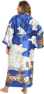 Women's Floral Long Satin Robes Plus Size Long Silk Robes Peacock Floral Kimonos Sleepwear Dressing Gown