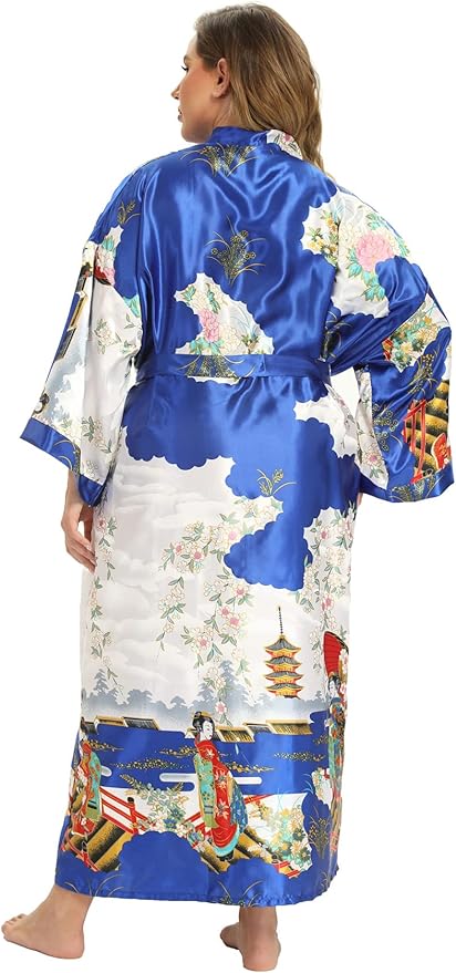Women's Floral Long Satin Robes Plus Size Long Silk Robes Peacock Floral Kimonos Sleepwear Dressing Gown