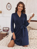 Ekouaer Women‘s Robes Lightweight 3/4 Sleeve Short Knit Bathrobe Soft Knee Length Sleepwear Robes with Pockets S-XXL