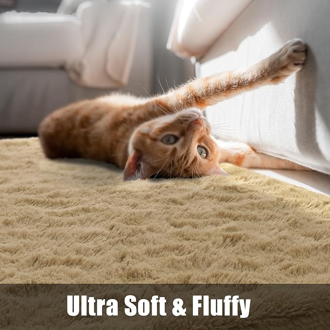 Macgace Fluffy Runner Rug, 2x6 Beige Washable Hallway Area Rugs for Bedroom Living Room Kitchen Laundry, Long Shag Rug with Non Slip Rubber Backing Fuzzy Entryway Carpet Modern Home Decor