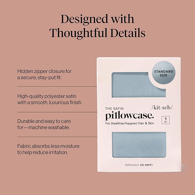 Kitsch Satin Pillowcase with Zipper for Hair & Skin - Softer Than Silk Pillow Cases, Smooth Cooling Satin Pillow Case, Wrinkle-Free, Machine Washable - Pillow Cases Standard Size (19x26) - Haze Blue