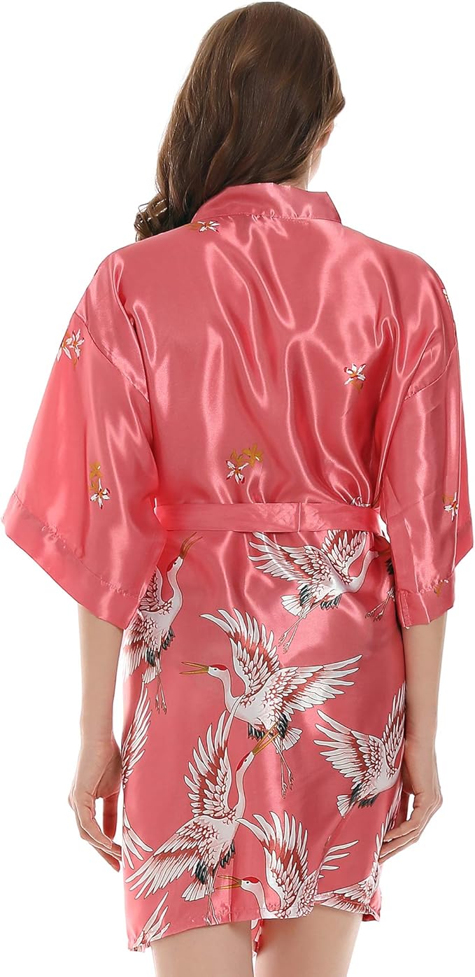 Women Kimono Robes Satin Dressing Gown Crane and Blossoms Sleep Lounge Nightwear Short Silk Bride Bridesmaid Robe
