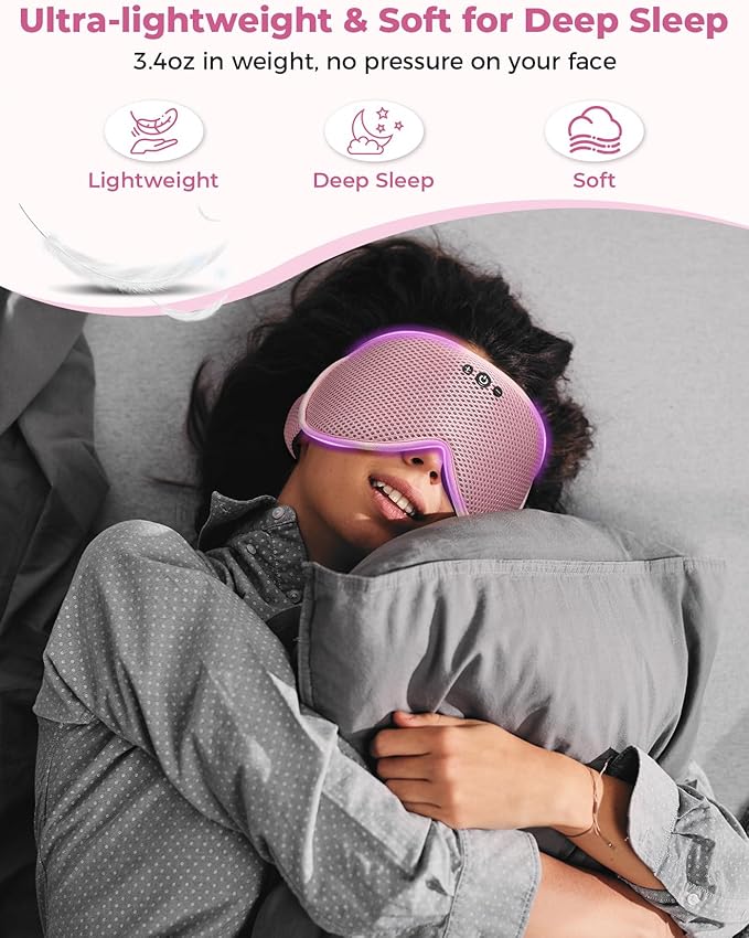 Sleep Mask with Bluetooth Headphones, Removable 3D Contoured Cup, Wireless Eye Mask for Sleep, Sleeping Headphones with Thin Stereo Speakers for Men, Women, Travel, Relaxation - Pink
