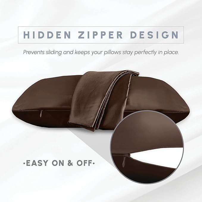 Elegant Comfort 2-PACK Cooling Viscose Satin Pillowcase Set with Hidden Zipper closure, Silky Smooth for Hair and Skin Care-Beautiful Gift Box-2-Piece Satin Pillowcases, Standard/Queen,Chocolate Brown