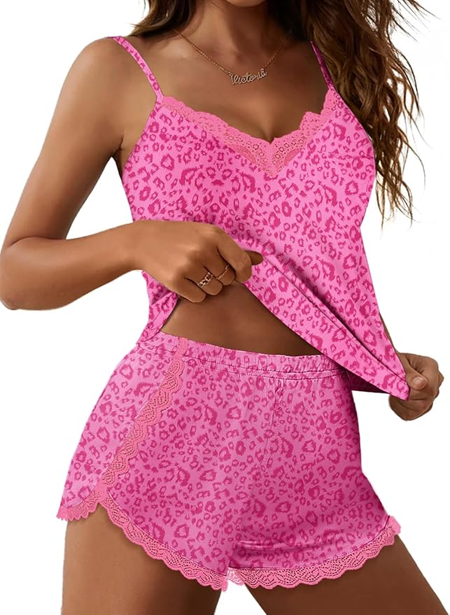Ekouaer Satin Pajama Set for Women 2 Piece Silky Lingerie Sleepwear Lace Camisole Pj Shorts Set Soft Nightwear S-XXL
