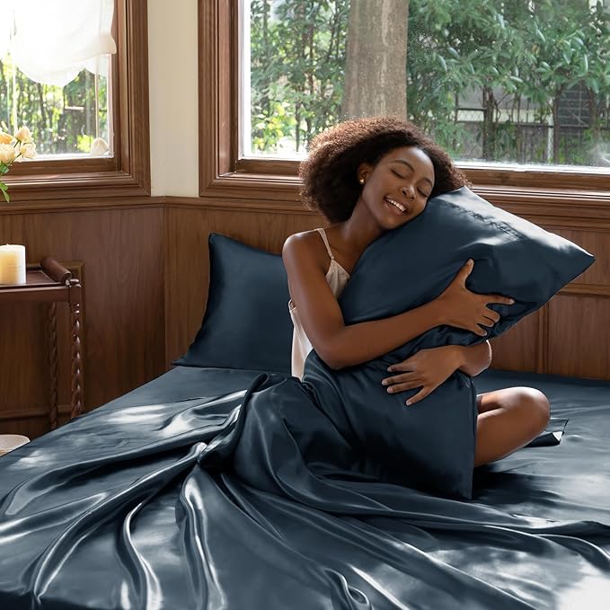 CozyLux Satin Sheets Full Size Sheets - 4 Piece Silky Full Size Bed Sheets, Luxury Steel Blue Full Bed Set with Smooth and Soft Microfiber, Includes 1 Fitted Sheet, 1 Flat Sheet and 2 Pillowcases