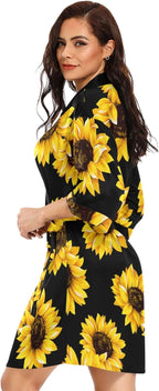 KLL Women's Kimono Robes Sunflower Short Satin Bathrobe Soft Skin-friendly Sleepwear V-Neck Loungewear