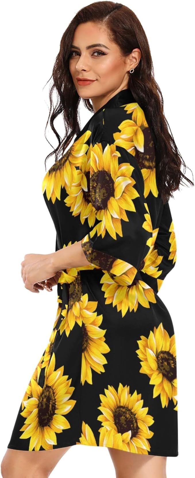 KLL Women's Kimono Robes Sunflower Short Satin Bathrobe Soft Skin-friendly Sleepwear V-Neck Loungewear