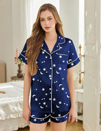 Silk Pajamas for Women Short Sleeve Sleepwear Soft Button Down Loungewear 2 Piece Satin Pjs Shorts Set S-XXL