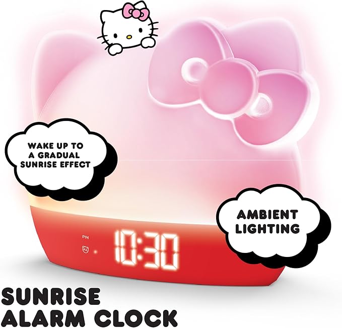 Hello Kitty Sunrise Alarm Clock with Color-Changing RGB LED Night Light – Ambient Lighting, Time/Date/Temperature Display, USB Powered w/Device Charging, Red