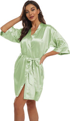 Women's Pure Short Kimono Robes Bride Bridesmaids Silky Bathrobe Lightweight Satin Sleepwear