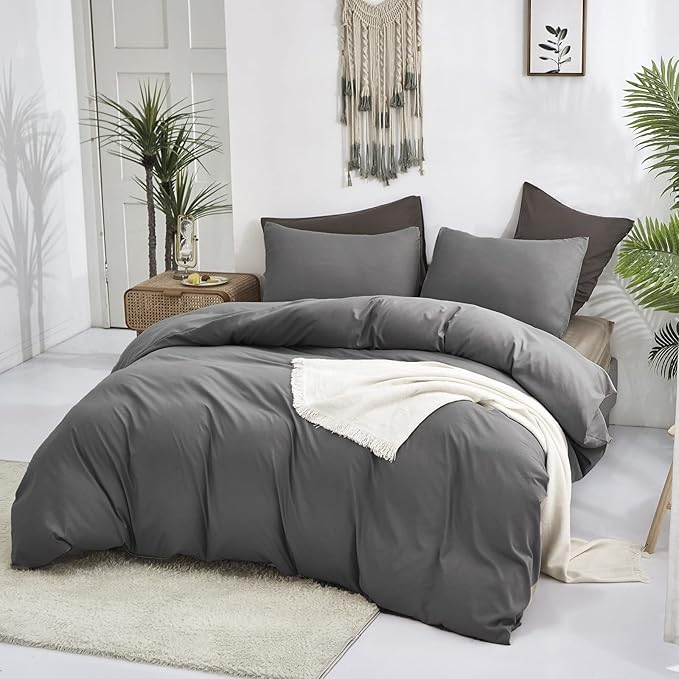 Luxlovery Grey Comforter Set Twin Dark Grey Bedding Comforter Sets Minimalist Gray Blanket Quilts Solid Breathable Soft Quilts Modern Grey Bedding Set Durable 3 Piece Comforter Set
