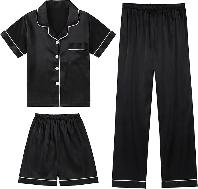 DIPUG 3 Piece Girls Silk Pajamas Set Soft Satin PJs Sleepwear for Comfortable Nights