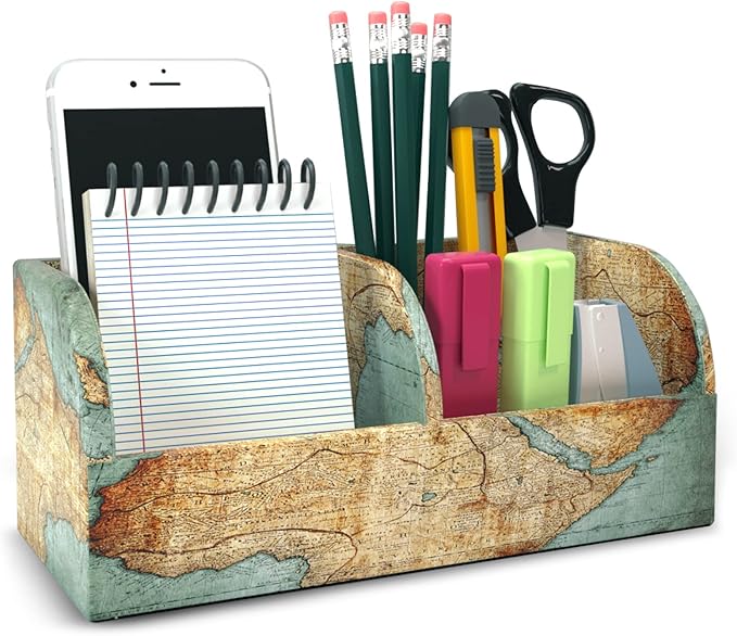 QIELIZI PU Leather Supply Organizer,Remote Control Holder Multifunctional Office Stationery Storage Box Organizer,Pencil Holders Organizers Table Top Desktop Desk Accessories(1-Vintage Map)