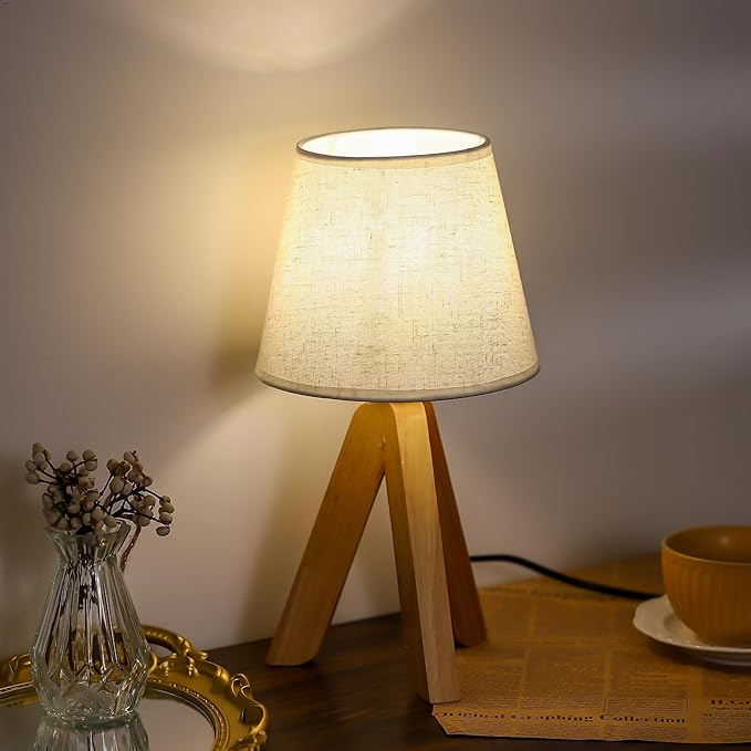 WSYEAR Bedside Table Lamp for Bedroom - 3 Way Dimmable Lamp Small Lamp Wood Base Round Flaxen Fabric Shade for Living Room, Desk, LED Bulb Included
