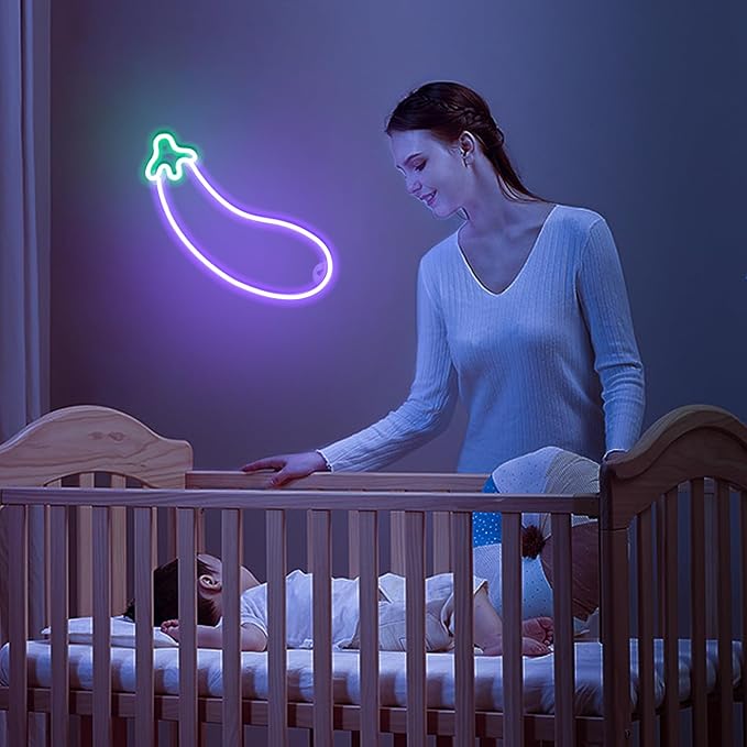 ENUOLI Eggplant Neon Signs,LED Purple Eggplant Neon Light Decorative Art LED Lights for Wall Decor,USB/Battery Powered Night Lamps Light Up Signs for Bedroom,Party, Living Room,Home Decor