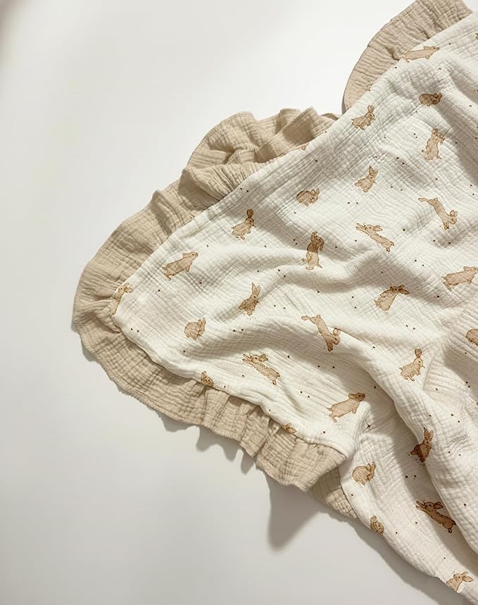 Muslin Ruffled Baby Blanket, Extra Large 52 x 52 Inches, Soft Breathable Cotton Crib Blanket for Newborn Infant Toddler (White-Ruffled, Printed)