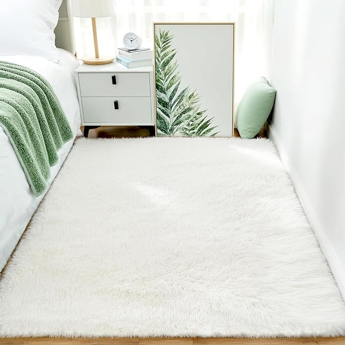 Shag White Rug, Rugs for Bedroom Living Room, 4x6 Ultra Soft Fluffy Area Rugs for Bedside, Kids Girls Room, Nursery, Playroom, Easy Clean, Indoor Carpet for Living Room, Modern Carpet Décor