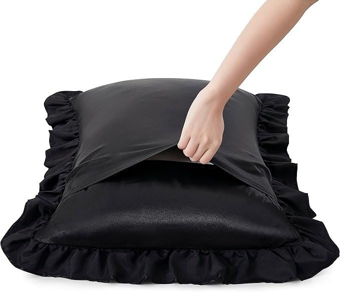 Silky Satin Ruffled Pillow Cases for Hair and Skin,Black Silk Pillowcases Queen Set of 2 with Envelope Closure Princess Room Decoration