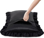 Black Satin Ruffled Pillow Cases for Hair and Skin,Black Silk Pillowcases Standard Set of 2 with Envelope Closure Princess Room Decoration
