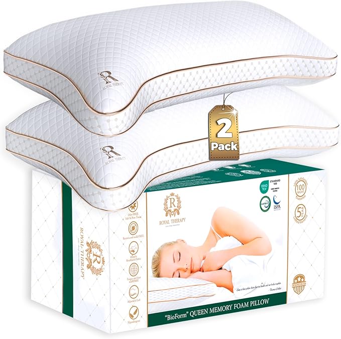 Royal Therapy King 2 Pack Memory Foam Pillow, Adjustable Shredded Odor-Free Cut-Out Bed Pillow for Neck & Shoulder Pain Relief, Breathable Support for Back, Stomach, Side Sleepers, BioForm